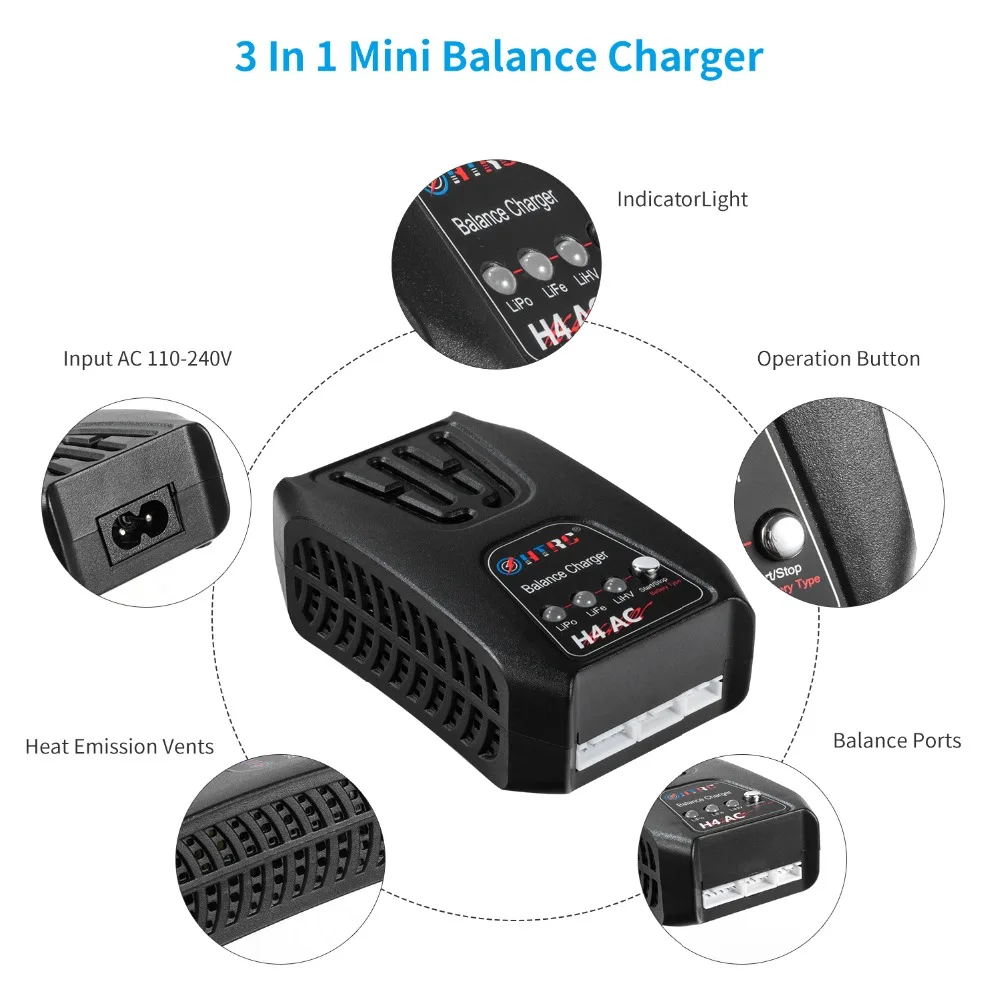 Vue de dessus du chargeur HTRC H4AC montrant les ports de charge et le bouton de mode