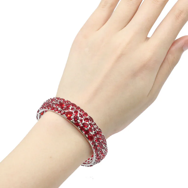 

38g 925 SOLID STERLING SILVER BRACELET Highly Recommend Long Big Heavy Blue Aquamarine Red Blood Rubies CZ Jewelry For Woman's