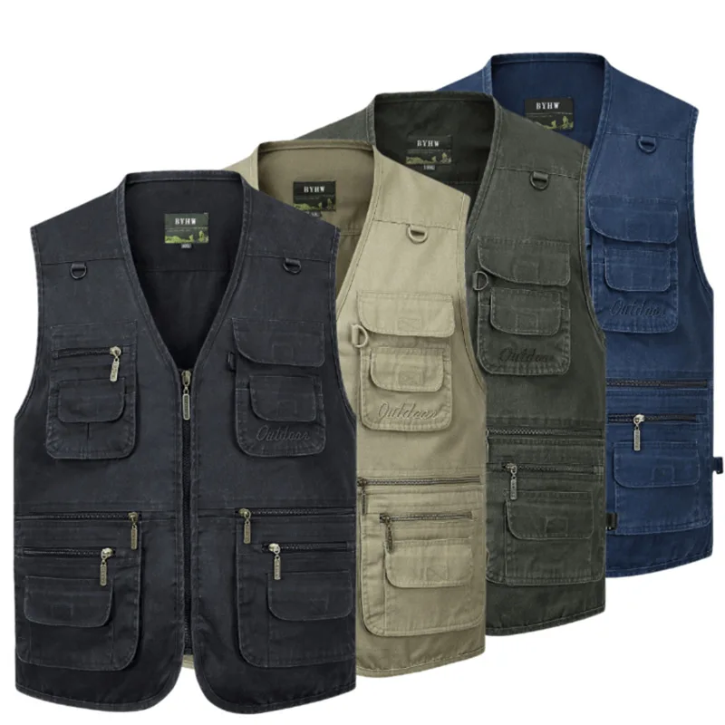 

Over size Denim Vests Men Cotton Multi Pocket Jean Jacket Gilet Male Military Waistcoat Multi-Pocket Fishing Denim Vest