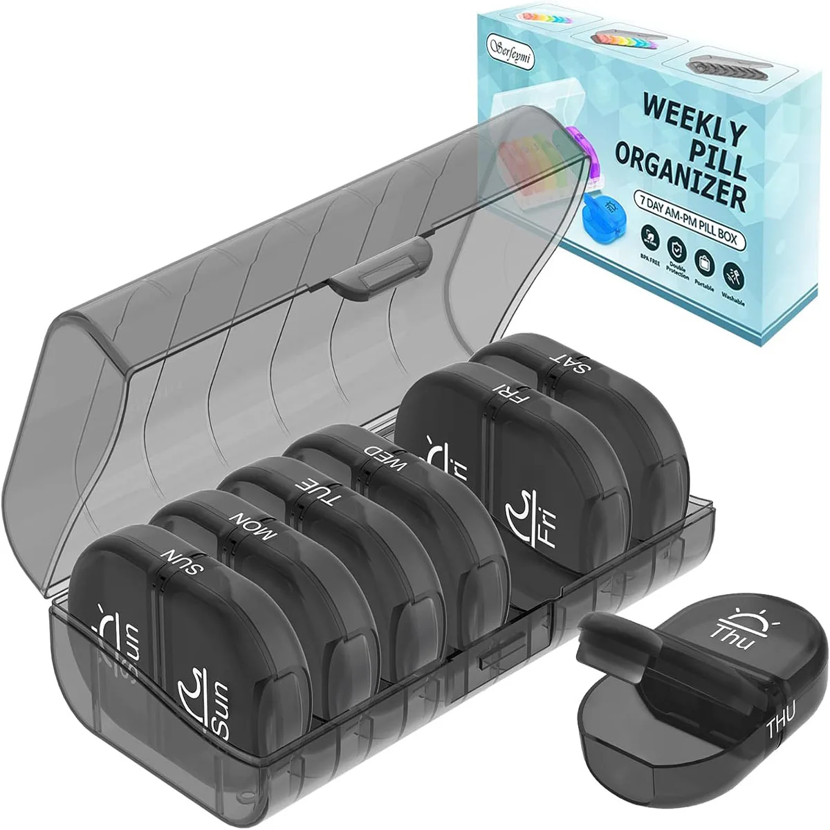 Serfeymi Dual Compartment Weekly Pill Organizer for Vitamins & Supplements