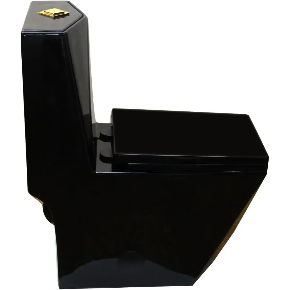 Square One Piece Toilet Black With Gold Button For Modern Bathroom, Diamond-Shaped Sleek Design Elonagted Rectangle Glossy Black 3