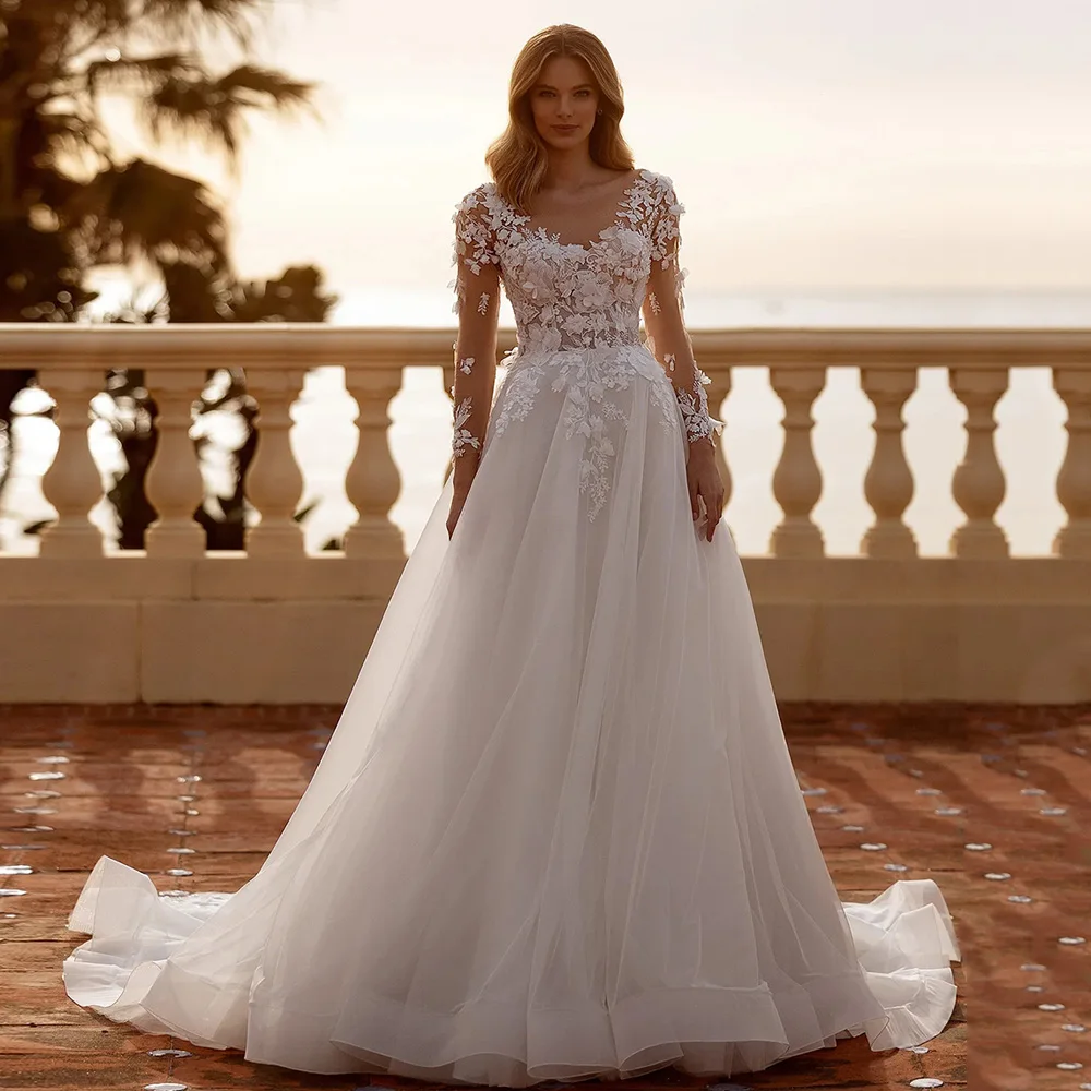 Woman Bride Wedding Dresses Customized Illusion Long Sleeves Flower Applique A Line Tulle Boho Bridal Gown Robe De Mariage 5