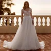 Woman Bride Wedding Dresses Customized Illusion Long Sleeves Flower Applique A Line Tulle Boho Bridal Gown Robe De Mariage 5