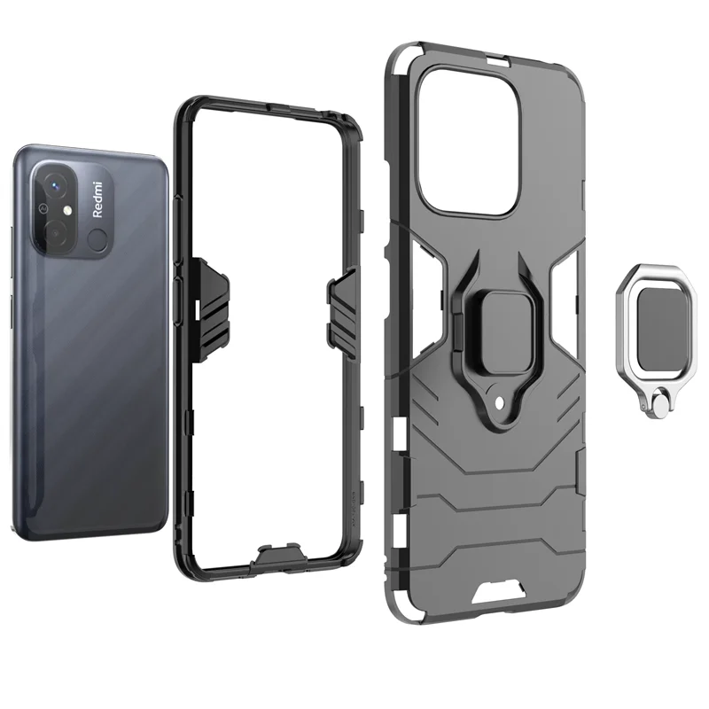 Rugged Shockproof Armor Phone Case with Magnetic Ring Holder and Back Cover in Black