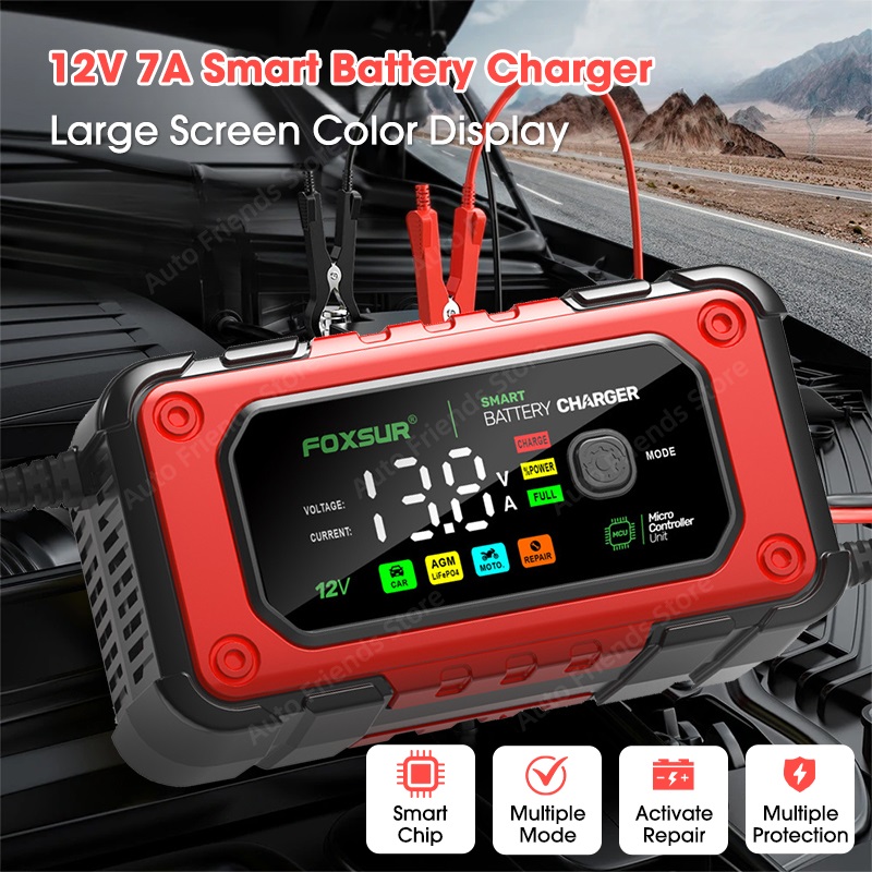 12V 7A Universal Car Battery Charger Intelligent Repair Large Screen Motorcycle Battery Charger For Lead-Acid LiFePO4 Battery