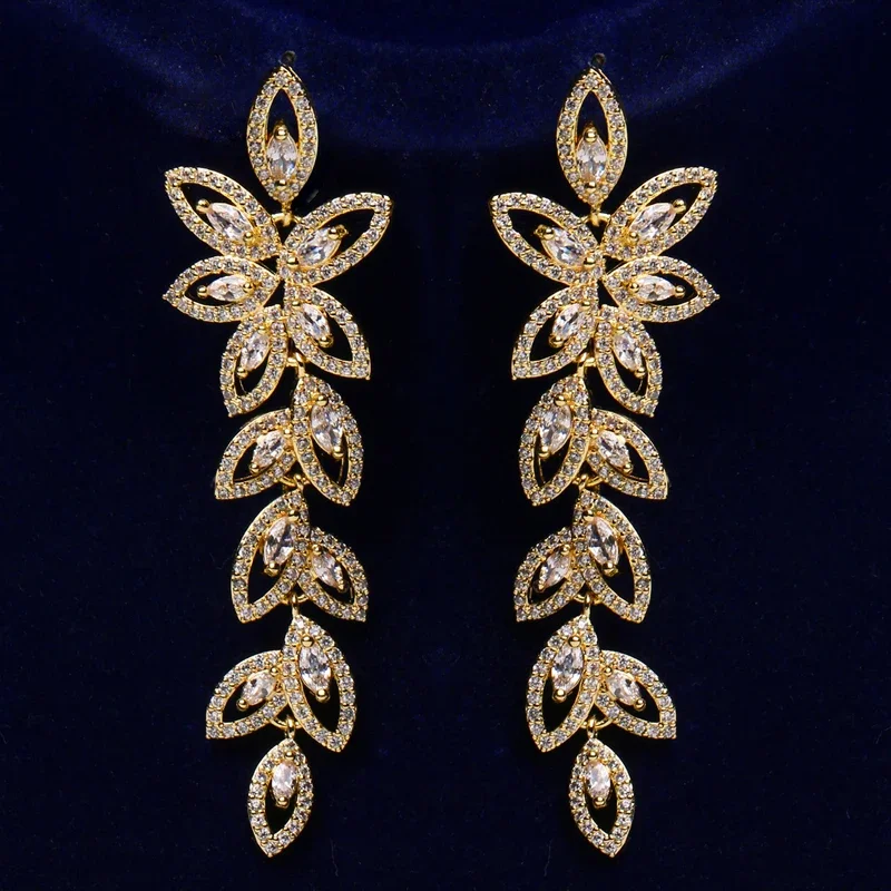 Luxury Flower Leaf Zirconia Women Statement Long Drop Earring drop earrings dangle earrings Wedding Party Bridal Dubai Jewelry Gift