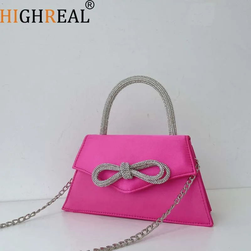 Women Rhinestone Bow Satin Handbags Elegant Boutique Crystal Top Handle Evening Clutch Purses Chain Crossbody Bags Wedding Party