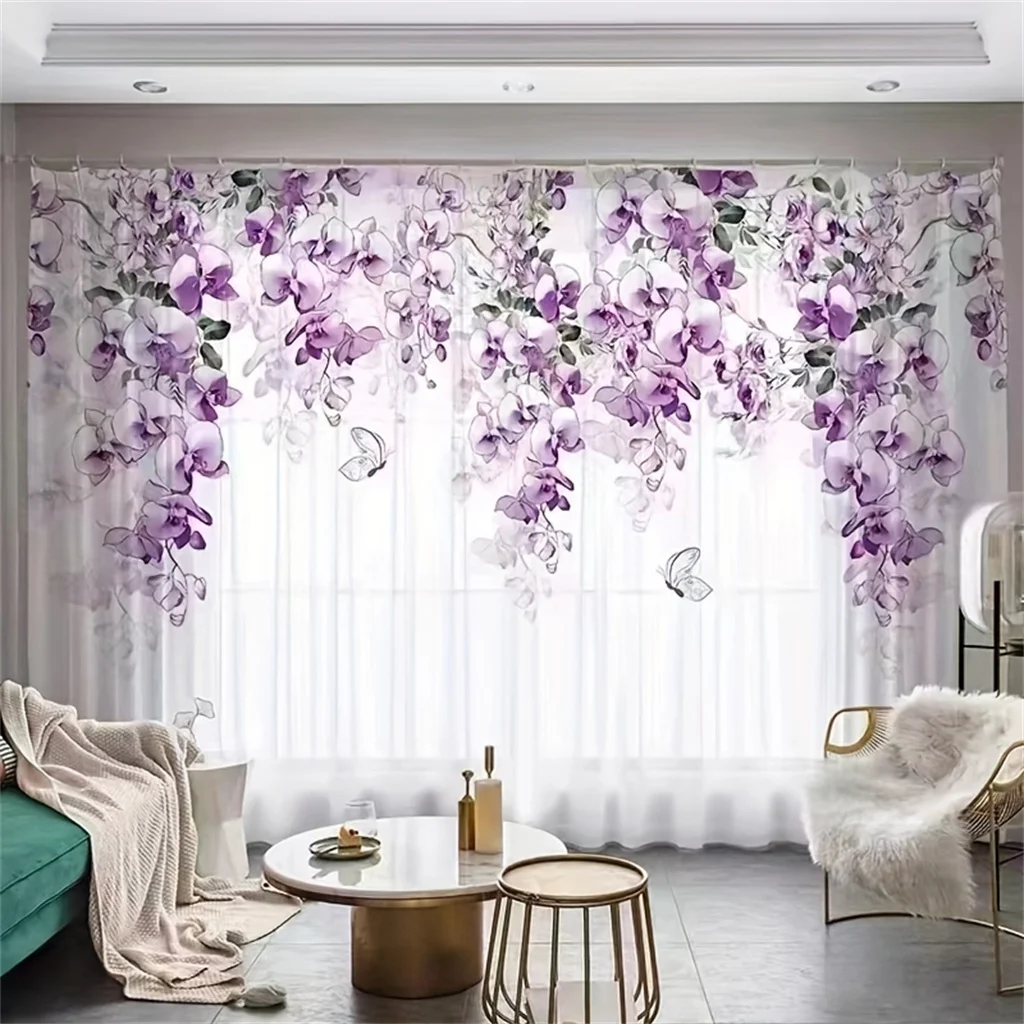 Purple Floral Flower Green Leaf Tulle Sheer Voile Window Curtains Blinds for Living Room Bedroom Home Decor Kitchen Door2Pcs