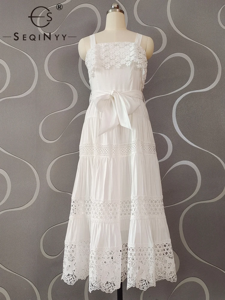 

SEQINYY Elegant Midi Dress Summer Spring New Fashion Design Women Runway Strapless Vintage Flower Hollow Out Lace A-Line Belt