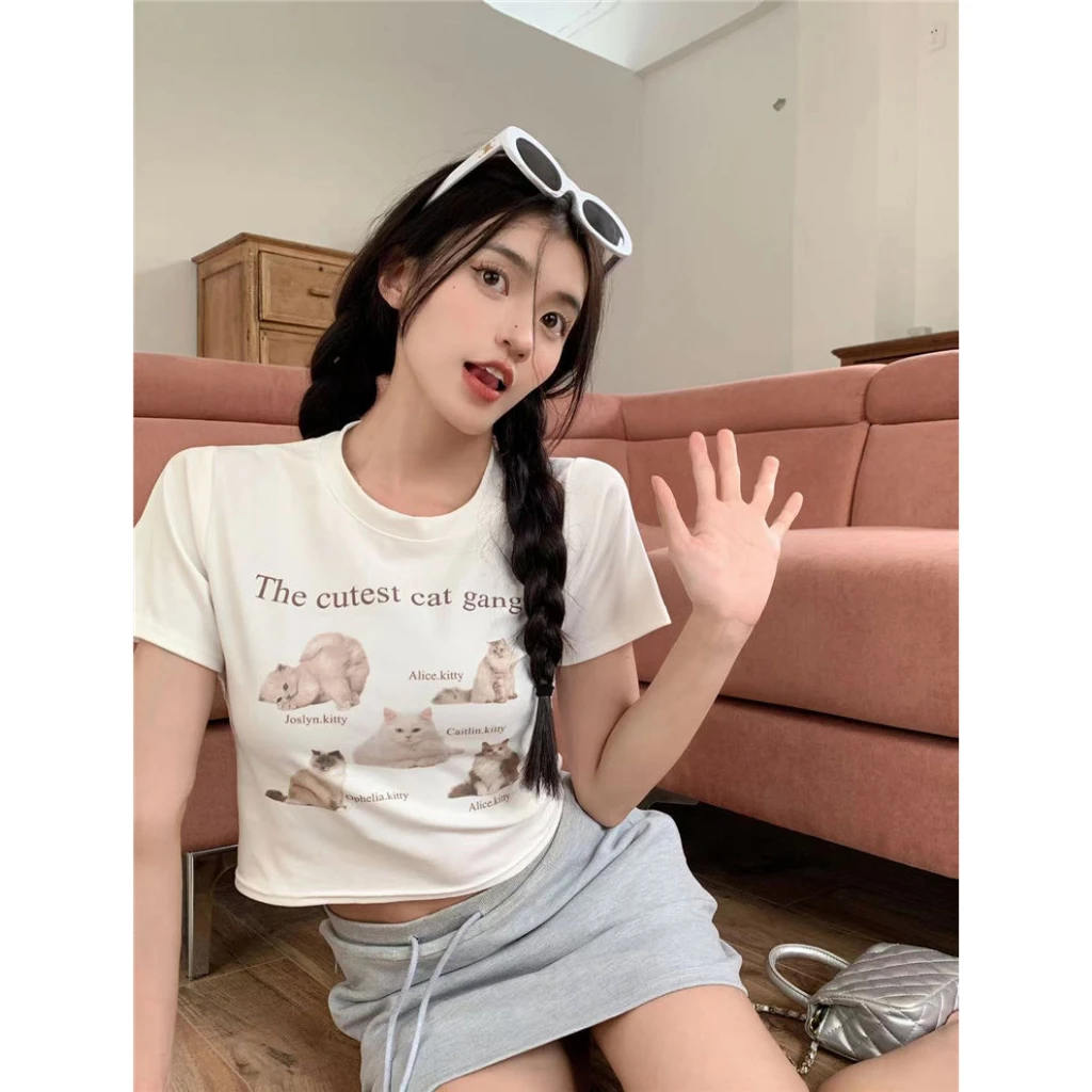 Printcess Top scurt pentru femei Y2K, sexy, subțire, cu mânecă scurtă, guler rotund, crop top cu imprimeu de pisici, cropTee, cool, la modă stradală, îmbrăcăminte pentru femei 979_voghion.com
