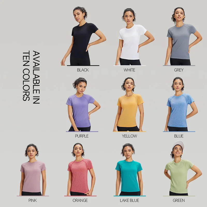 Ten Color Quick Dry Sports Short Sleeve T-Shirt Women's Sweatshirt Breathable Fitness Clothing Solid Color Yoga Short Sleeve Top 6