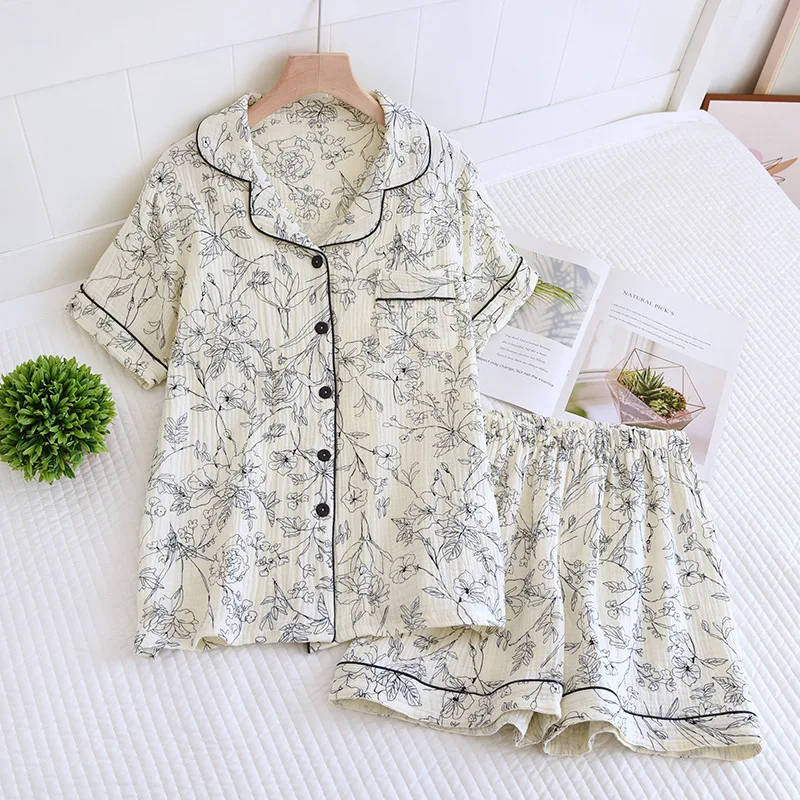 Gauze Women's Nightie Pajamas Set Short Sleeve Sleepwear Pijams For Women Nightwear Pure Cotton Floral Print Home Wear