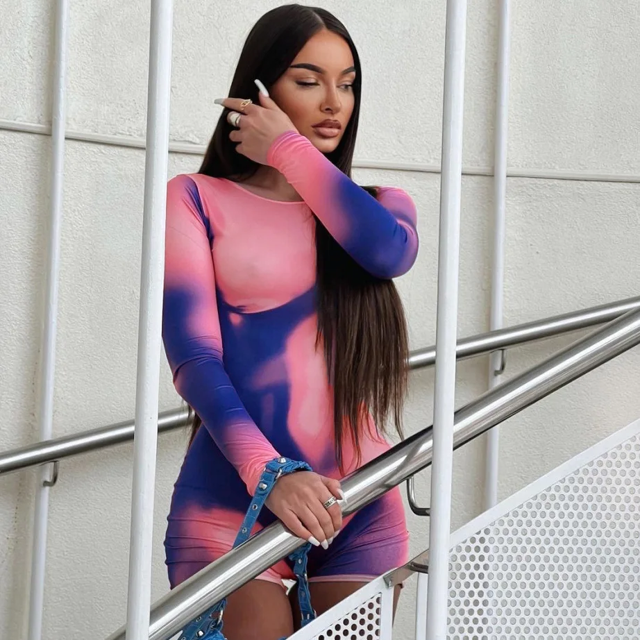 

Panelled Tie Dye Jumpsuit Women Stunning Full Sleeve Zip-up O-neck Body-shaping One Piece Female Casual Streetwear Overall