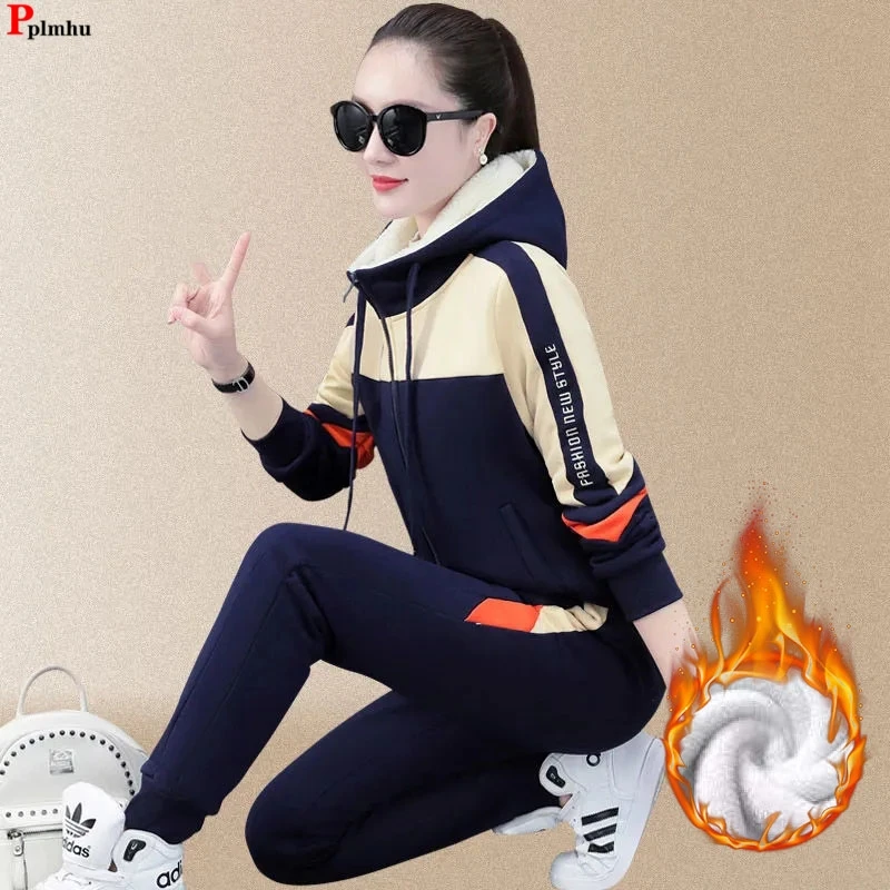 Winter Jogger 2 Pieces Sets Hooded Patchwork Thick Sweatcoat Outfit High Waist Harem Plush Lined Baggy Pant Suits Warm Ensemble travelers notebook inserts lined 100gsm thick standard size ruled refill perfect for archiving travel notes