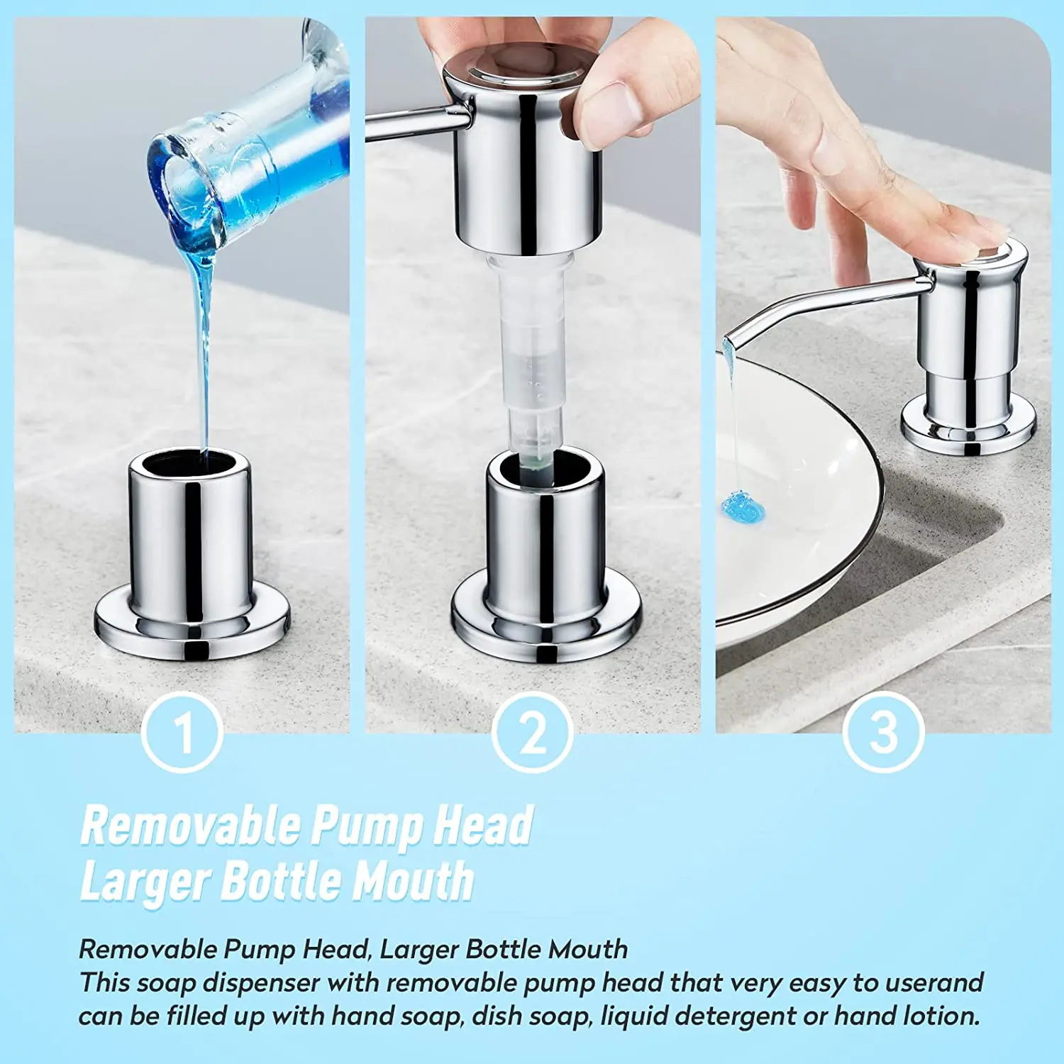 Stainless Steel Kitchen Sink Soap Dispenser Built-In 17oz Bottle 39" Tube Large Capacity Countertop Installation soap dispenser