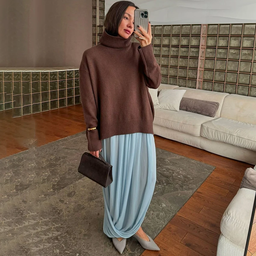 Linad Elegant Chiffon Blue Split Long Skirts Woman Casual Elastic Waist Straight Skirt Female Fall Street Chic Loose Skirts 2025