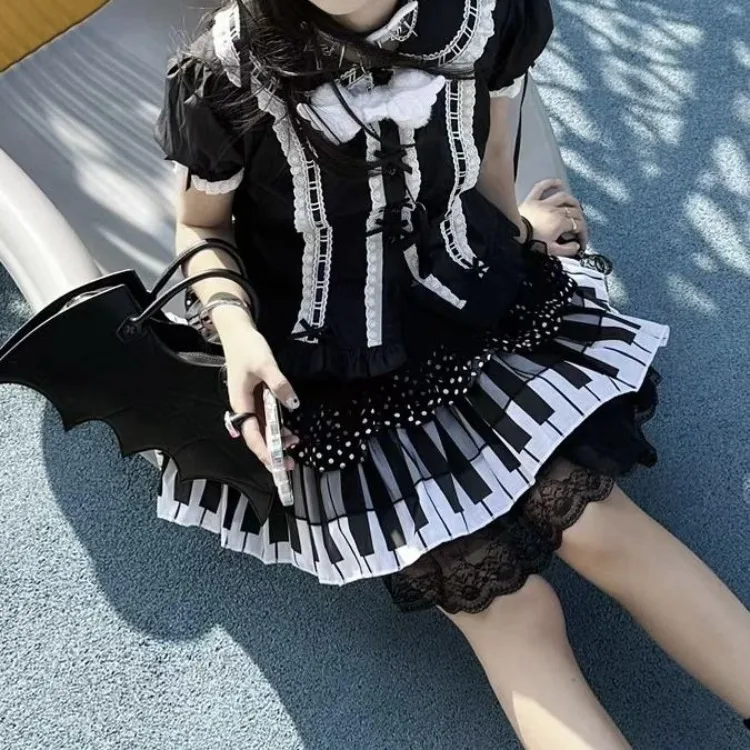 Harajuku Punk Black White Piano Keys Skirts Sweet Lace Ruched Cake Skirt for Women Y2k High Waist All-match Faldas Mujer 2