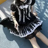 Harajuku Punk Black White Piano Keys Skirts Sweet Lace Ruched Cake Skirt for Women Y2k High Waist All-match Faldas Mujer 2