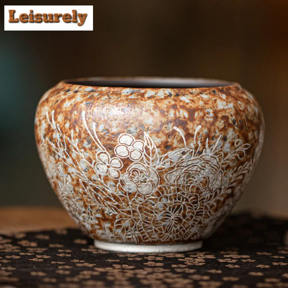 450ml Aesthetic Old Rock Mud Jianshui Gilding Silver Flowers Tea Wash Bowl Writing-brush Washer Chaxi Accessories Decoration