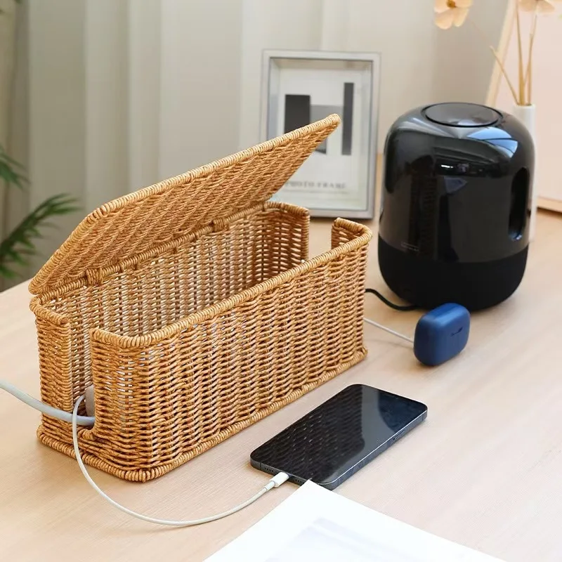 Scandinavian Rustic  Desktop Plug Socket Organizer Box Imitation Rattan Bedroom Data Cable Power Cord Organizing Storage Basket 2