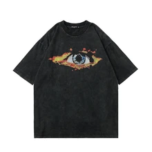 

Retro Dark and Old Washed Short-sleeved Tshirt for Men Trendy Brand Hip Hop Print Loose High Street Half Sleeve Tee