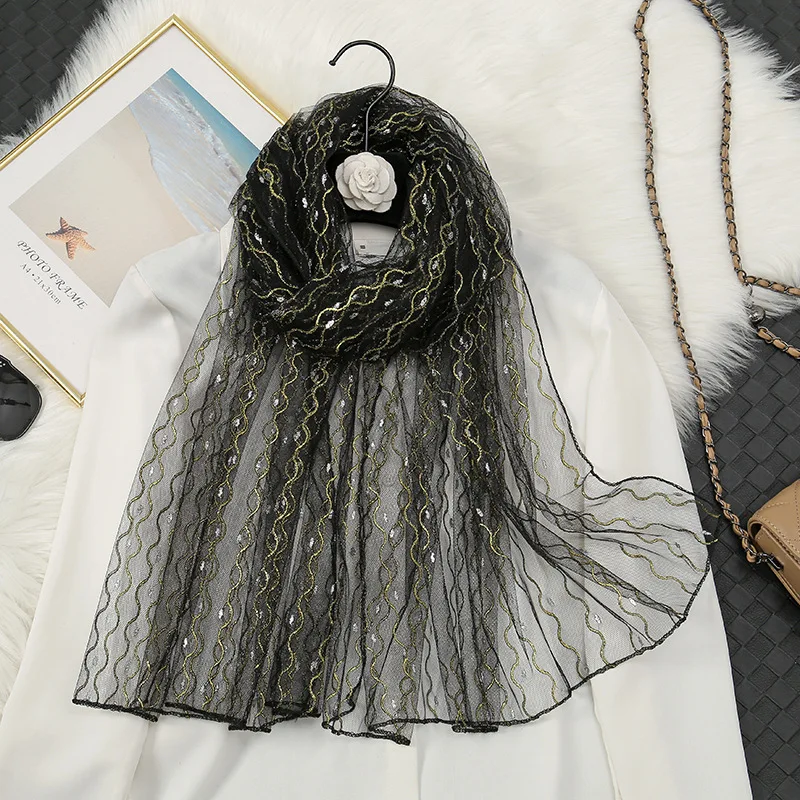 Fashion Organza Gold Silver Silk Transparent Women\'s Scarf Female Sun Clothing Summer Outdoor Long Beach Bikini Sunscreen Shawl