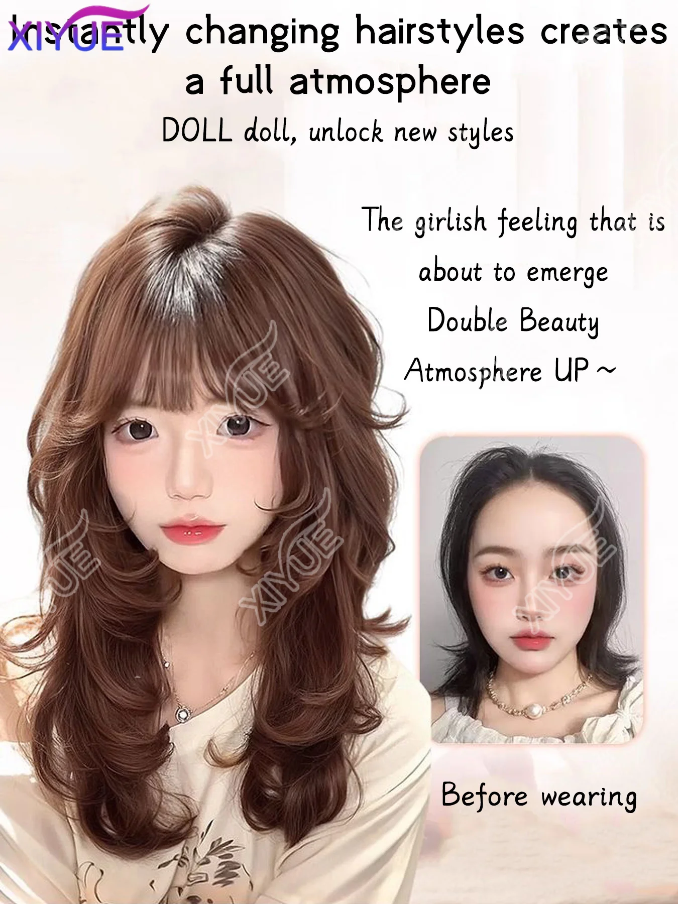 XIYUE synthetic high-level orange-brown high-level long straight hair wig Korean hairstyle women's natural heat-resistant wig