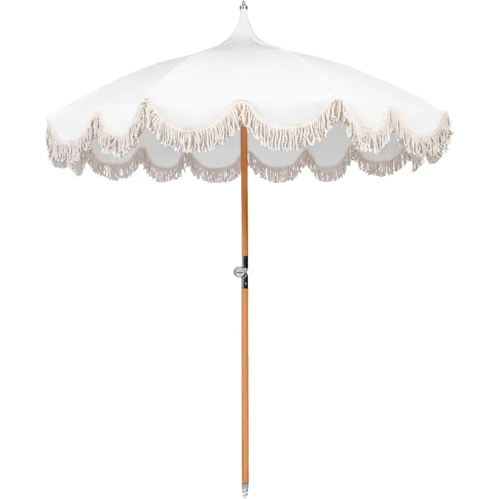 A 6.5-foot pagoda beach umbrella with tassels for outdoor garden lawn, swimming pool, yard table, high-end wooden pole foldable 2