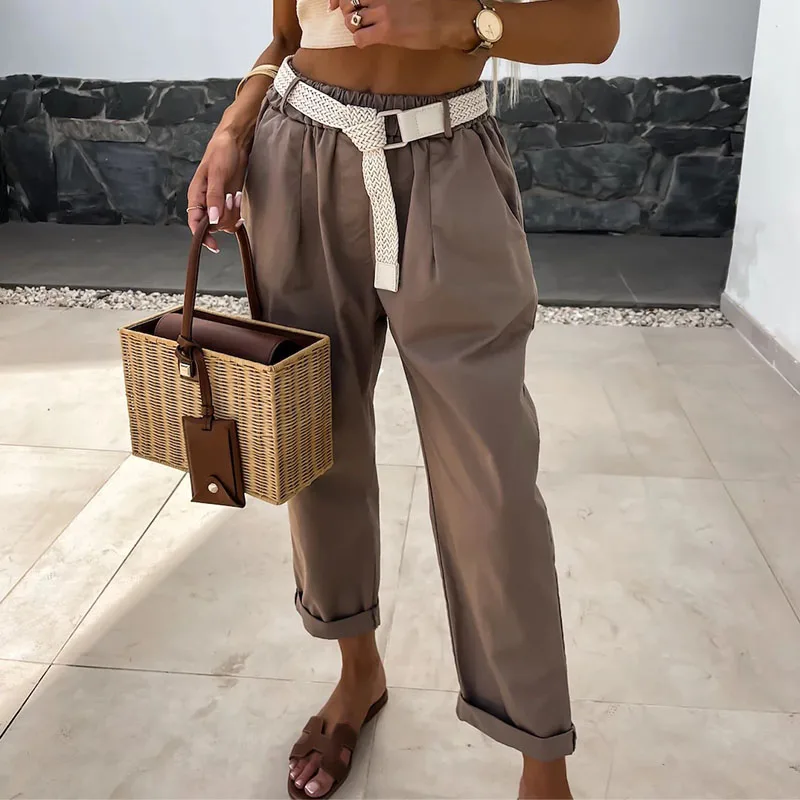 

Trendy Elastic Waist Solid Trousers Women Elegant Pocket Slim Straight Pants Office Female 2024 Mid Waist Commute Pant with Belt