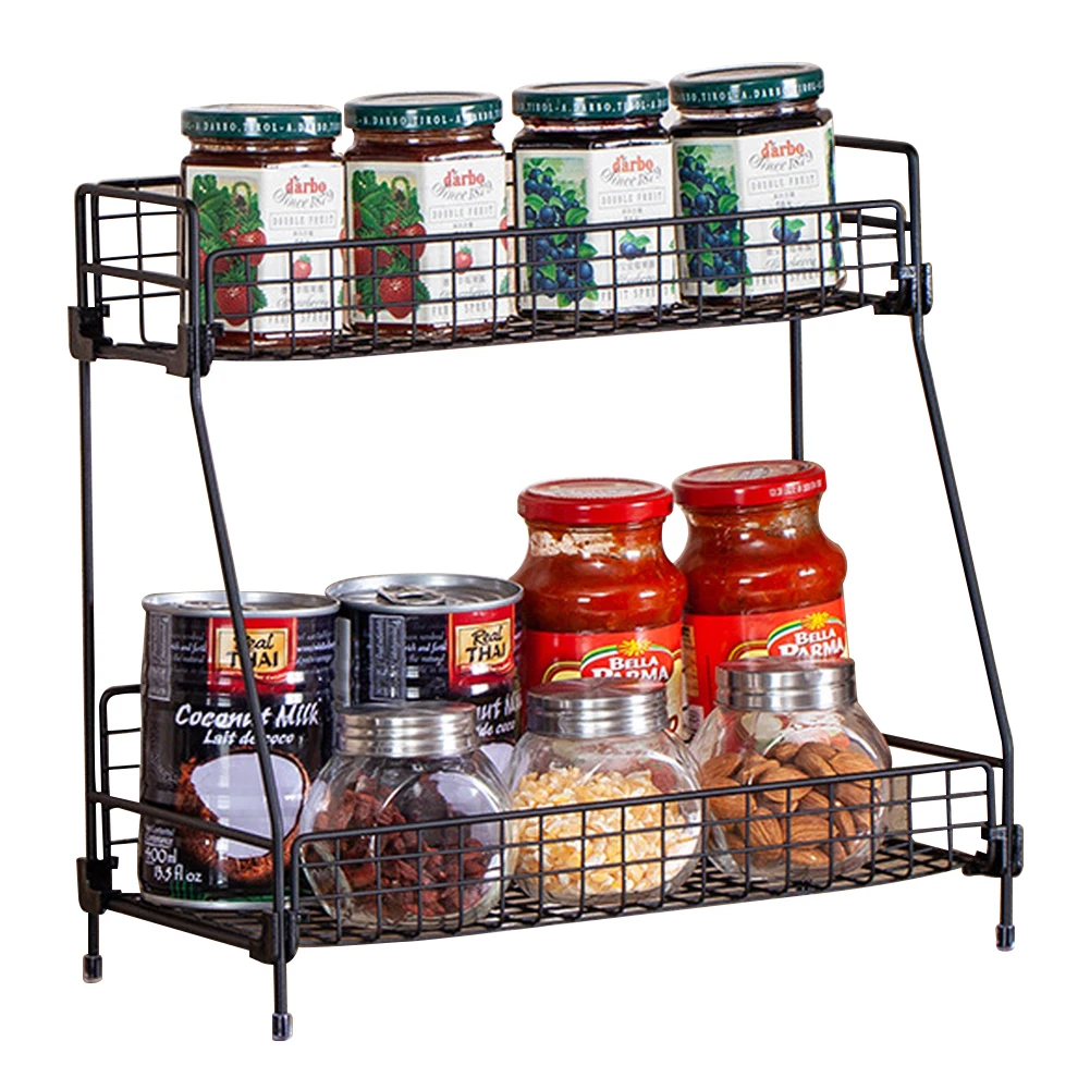 Standing 2 Tiers Spice Herb Jar Rack Holder Storage Organizer Counter Shelf Black: 3 - 5 Days Free Delivery Only UK