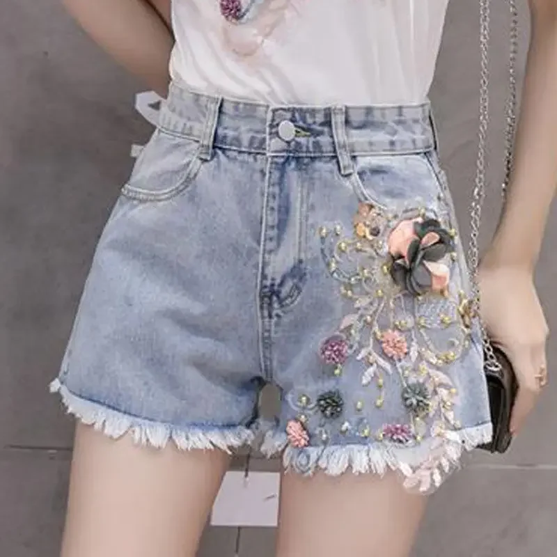 New 3D Floral Lace Summer Denim Shorts Women Streetwear High Waist Slim Fit Y2k Luxury Ripped Africa Korean Fashion