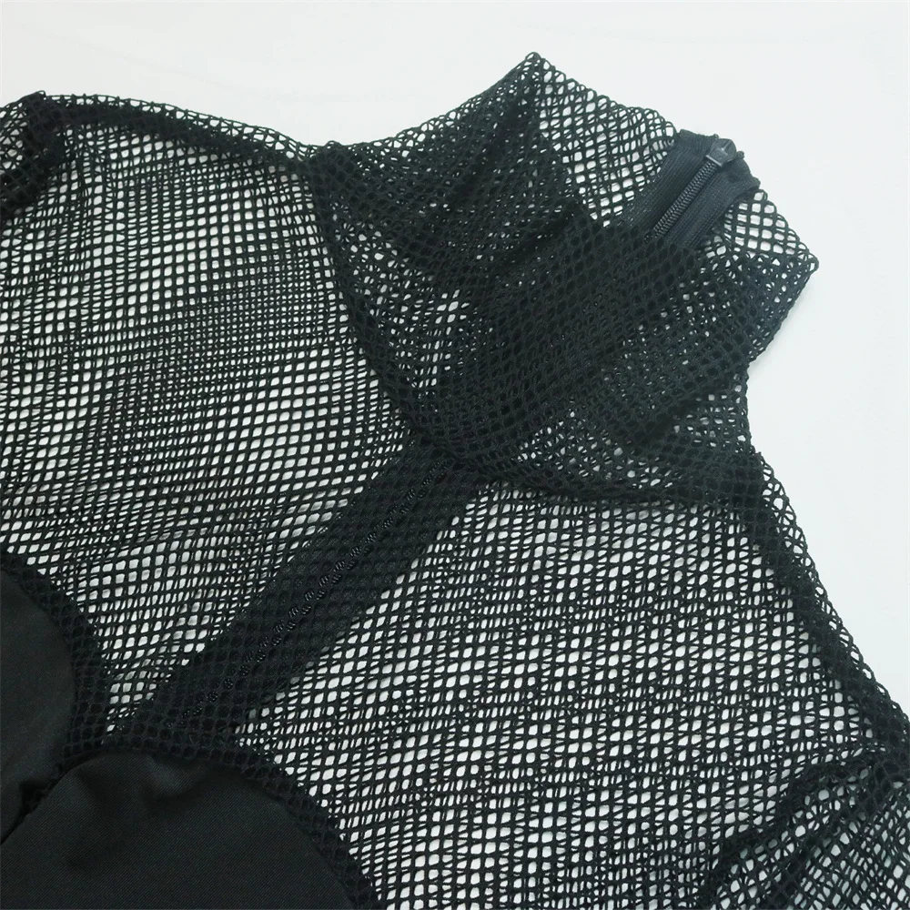 FAGADOER Black Sexy Mesh Perspective Patchwork Nightclub Jumpsuits Women Round Neck Long Sleeve Hollow Bodycon Playsuits Clothes