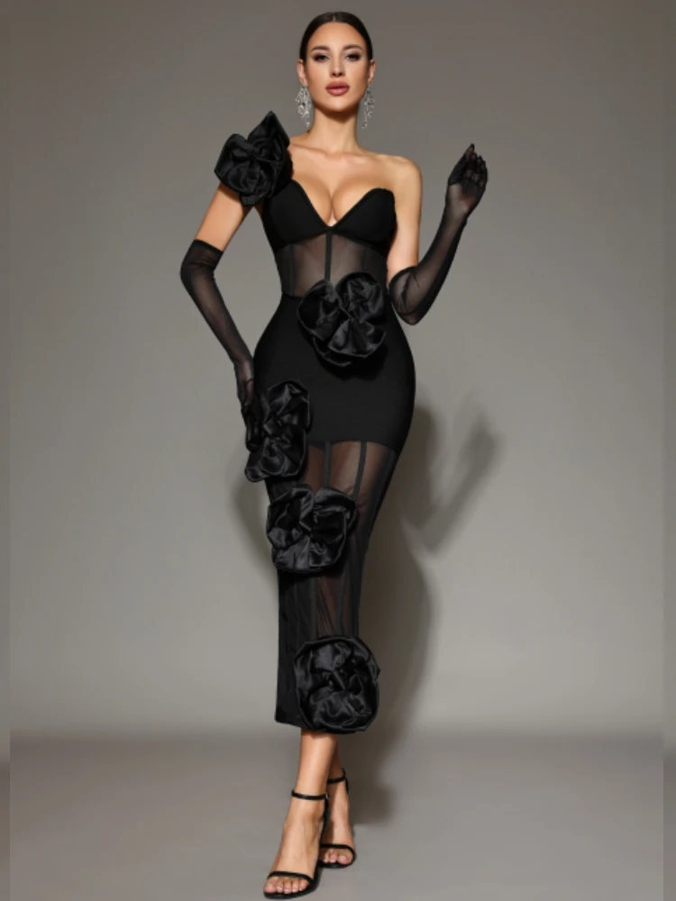 Gloves Women Sexy V Neck Flower Mesh Black Midi Bodycon Bandage Dress 2025  Knitted Elegant Evening Club Party Outfit - AliExpress 200000345