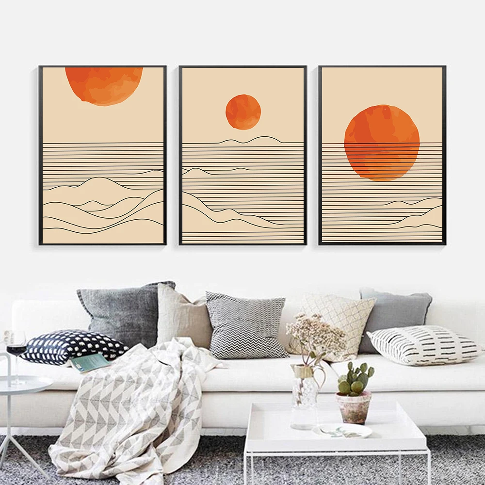 Burnt Orange Sunset Sea Wave Line Canvas Painting Boho Sunrise Poster E Stampe Wall Art Pictures For Living Room Home Decor
