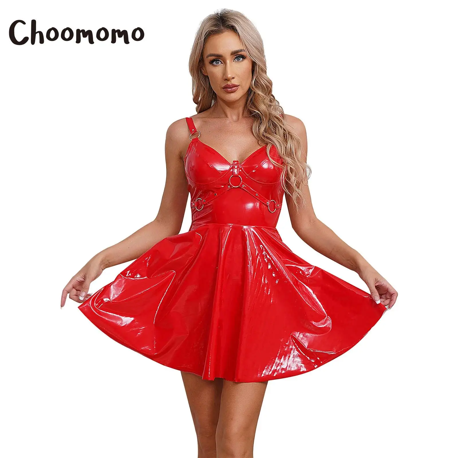 

Womens Wet Look Leather Sleeveless Deep V Neck Zip Up Mini A-Line Dress Bodycon Night Club Party Pleated Skirts Clubwear