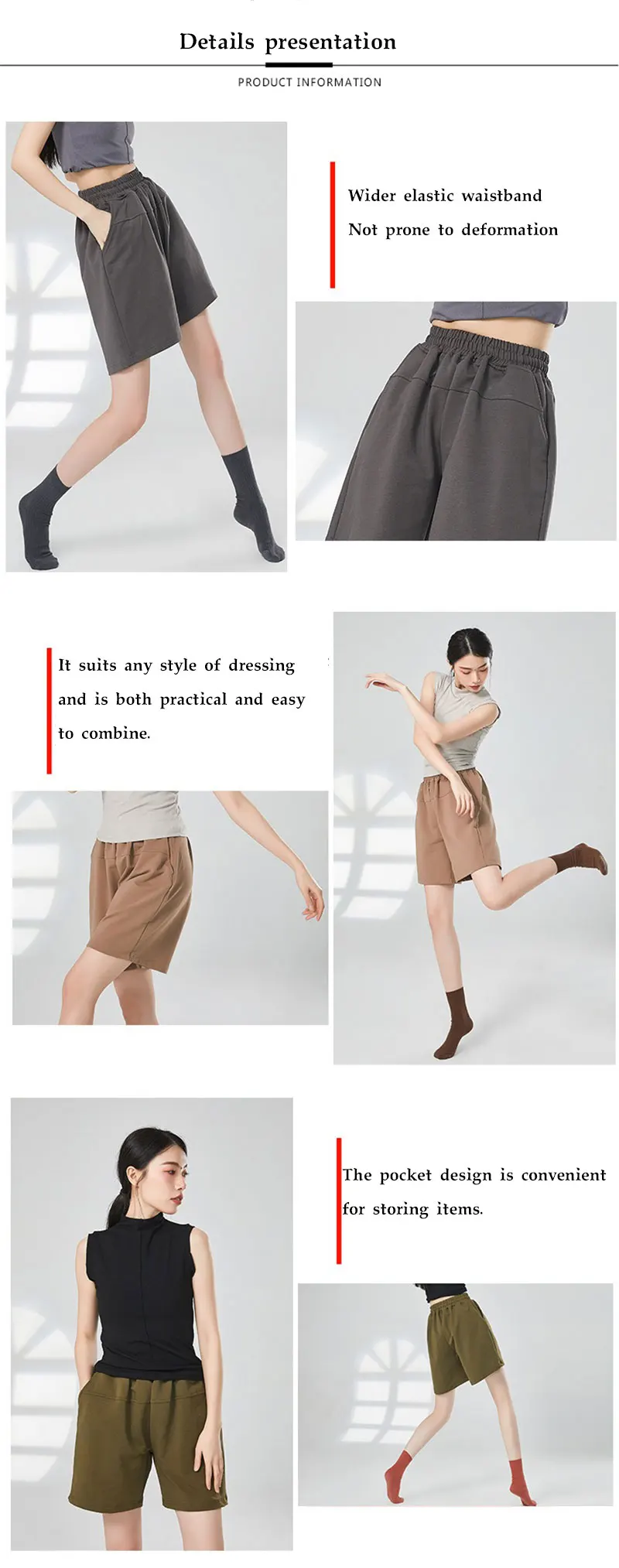 Locker sitzende kurze Damenhose aus Baumwolle mit Taschen, knielang, Yoga, Freizeit, Gehen, Übung – Detail 3