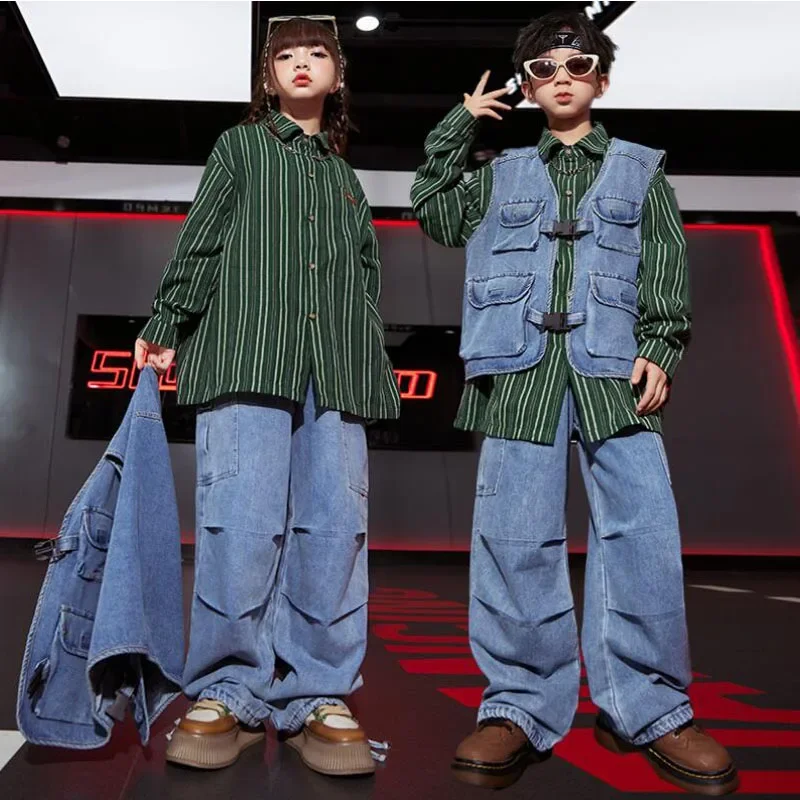 

Boys Hip Hop Outfits Denim Vest Sweatshirt Pants Girls Streetwear Clothing Children Street Dance Clothes Set Kids Jazz Costume