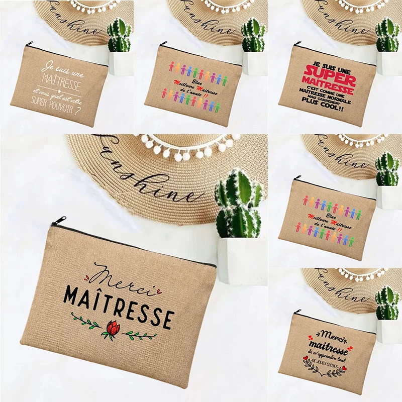 Linen Makeup Bags Thank You Teacher French Print Simple Wristlet Clutch Bag Beach Stationery Storage Travel Organizer Case Gifts 5