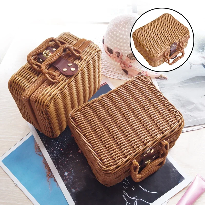 Description Picture 3 of itemRetro PP Imitation Rattan Weaving Picnic Storage Basket Wicker Suitcase Hand Gift Box Woven Cosmetic Sundries Organizer Boxs