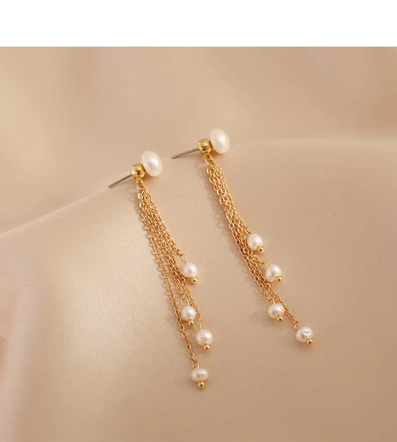 

Minar High Quality Freshwater Pearl Thread Dangle Earrings for Women 14K Gold Plated Copper Long Chain Tassel Earring Jewellery