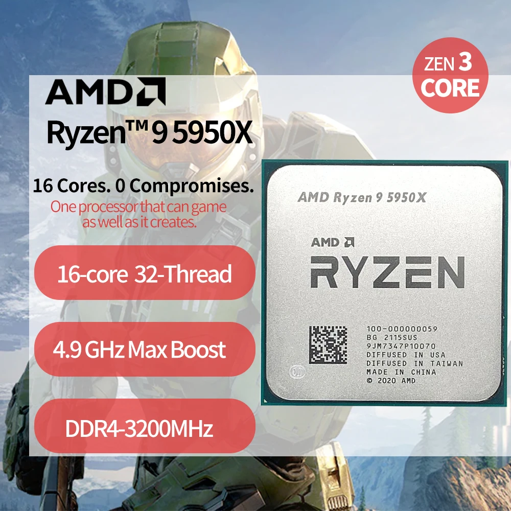 AMD Ryzen R9 5950x CPU 5950x desktop computer processor 3.4GHz  100-100000059 PCIe 4.0 AM4 105W TSMC 7nm FinFET 64MB No Fan