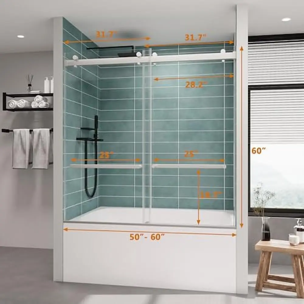 Frameless Double Sliding Tub Shower Door 56-60 x 60 Tempered Glass Stainless Steel Hardware Water Retaining Strips Easy to Clean 3