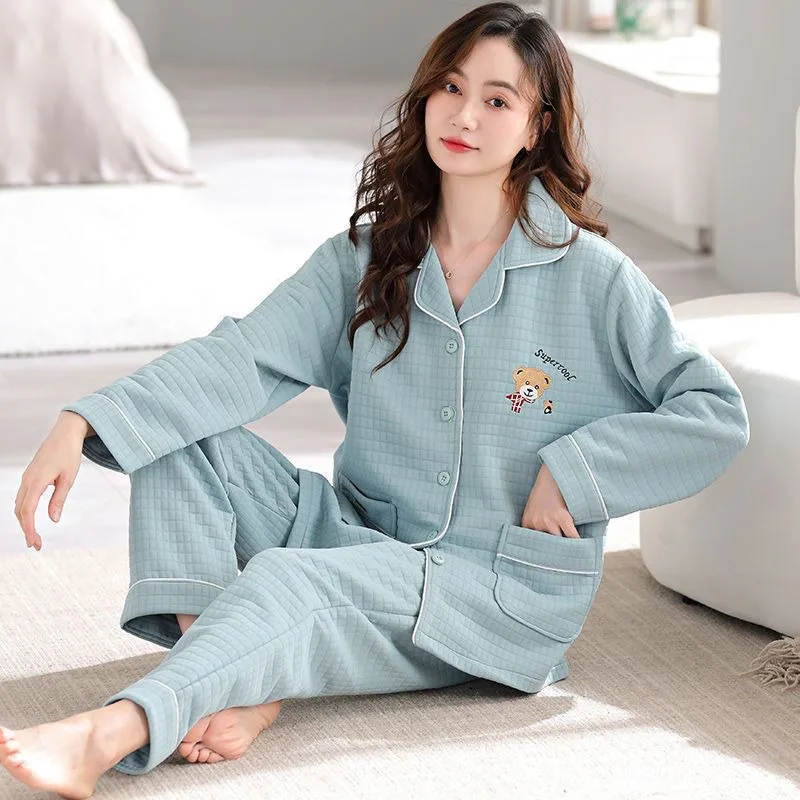 2024 New Autumn Winter Women Three-Layer Air Cotton Pajamas Thickened Thermal Nightclothes Sets Female Casual Homewear Suit