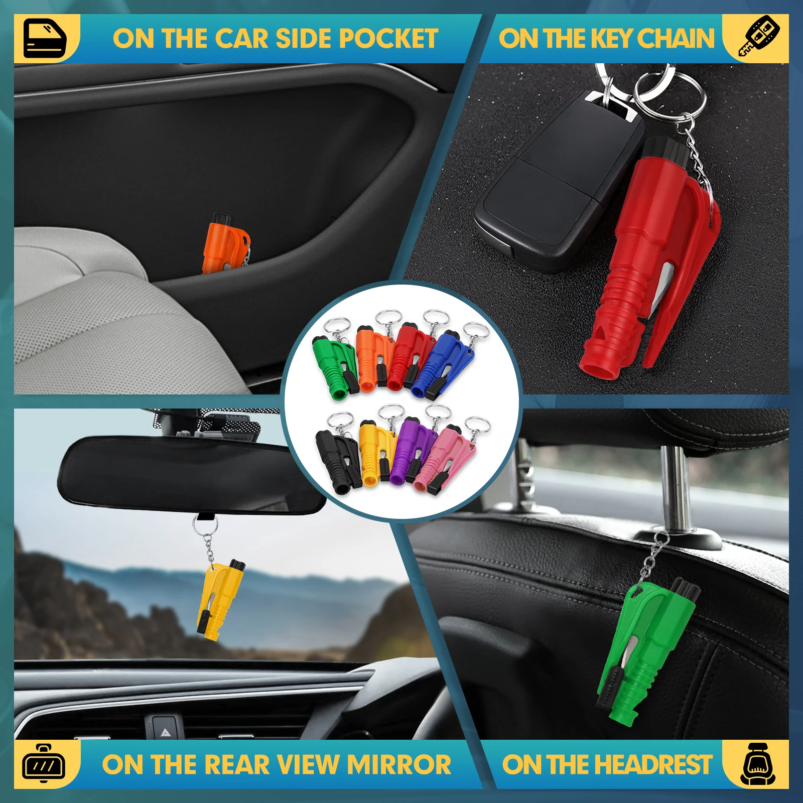 Car Window Breaker Tool 8PCS 3 in 1 Glass Breaker Seatbelt Cutter Survival Whistle Emergency Car Escape Tool
