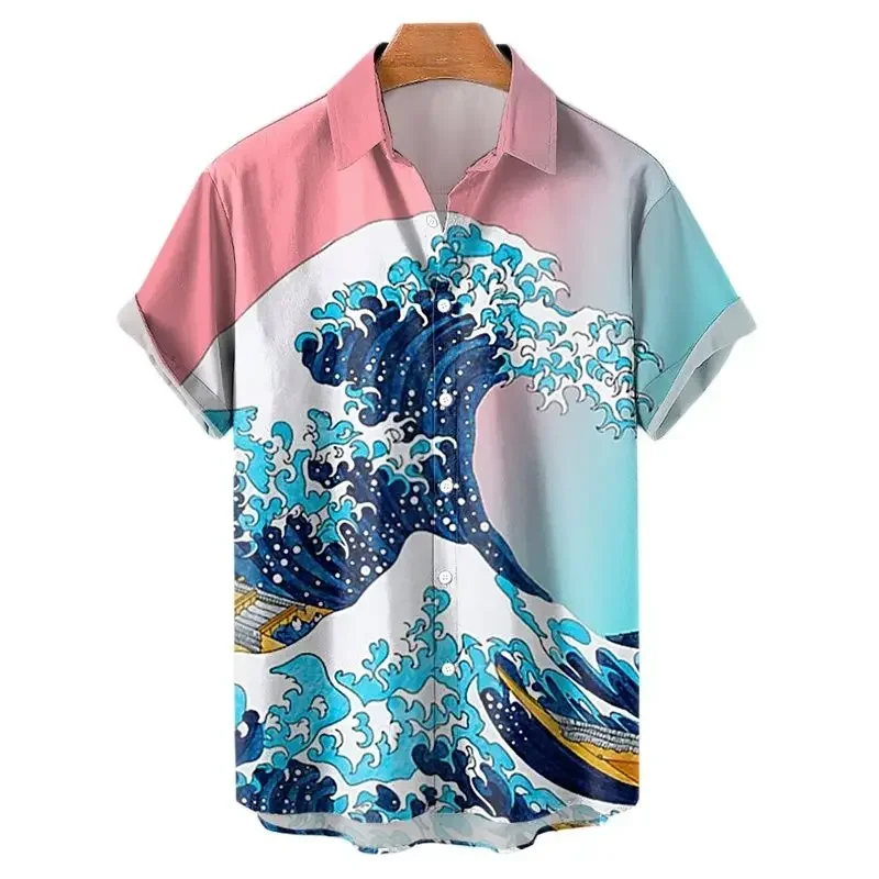 thumbnail image 1 of Camisa hawaiana de manga corta con estampado 3D de olas para hombre, informal, versátil, retro, minimalista, con solapa y botones para vacaciones en la playa, 1 of 5