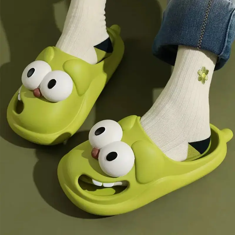 

Summer Thick Sole Slippers Soft Slipper Indoor Bathroom Home Shoes Women Eva Baotou Funny Big Eyed Dog Non Slip Lovers Sandal
