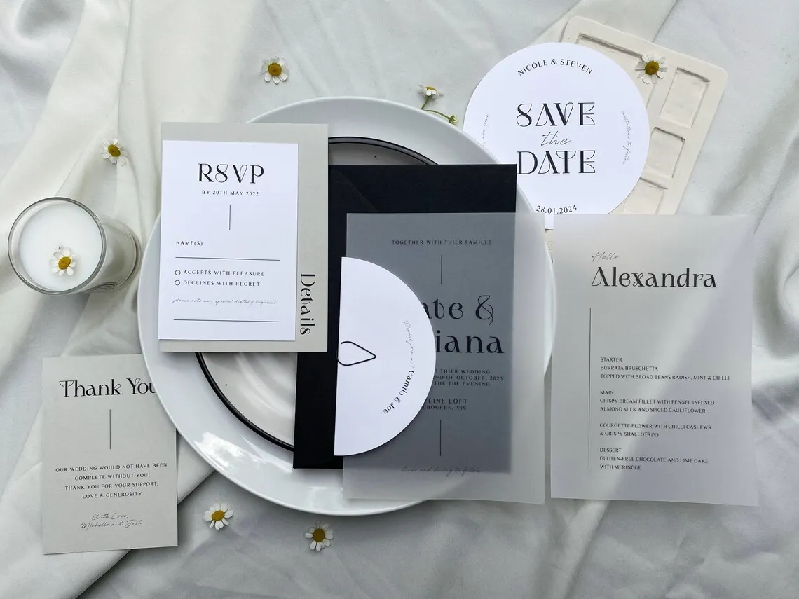 Modern Vellum Wedding Invitation Suite with Half Moon Guest Name Tag