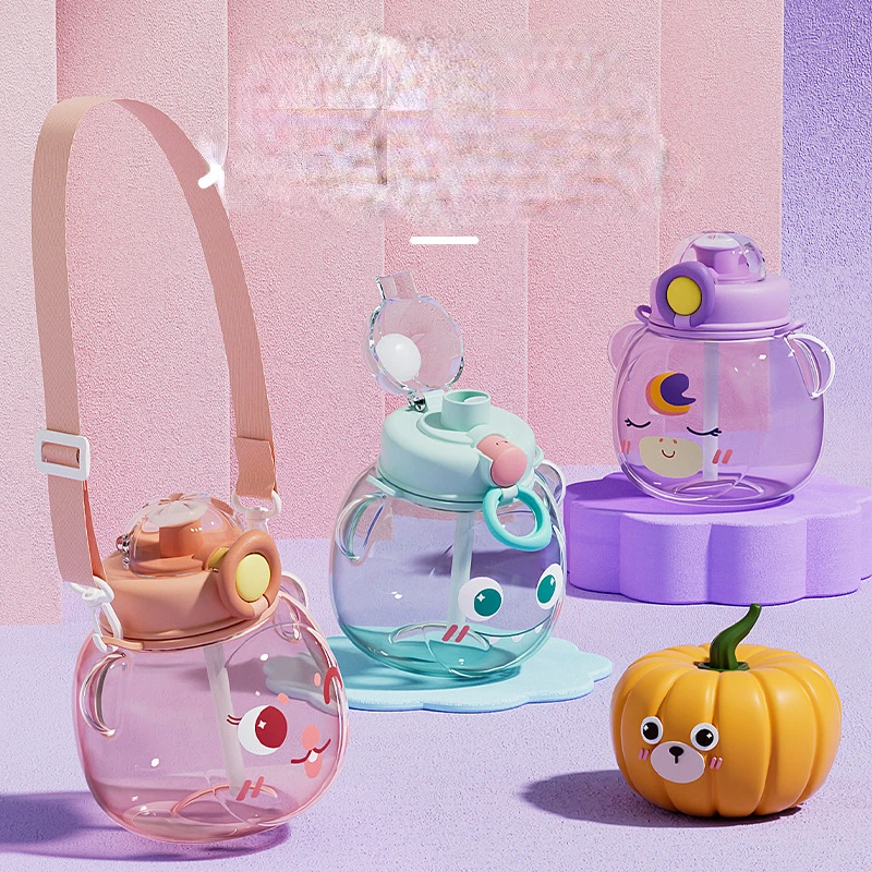 Niedlicher Cartoon-Bär Kinder-Wasserbecher aus Kunststoff, Kürbis-Becher, Becher mit Strohhalm, Doppelgetränk, großer Bauchbecher, Sport-Wasserkocher für Studenten_voghion.com