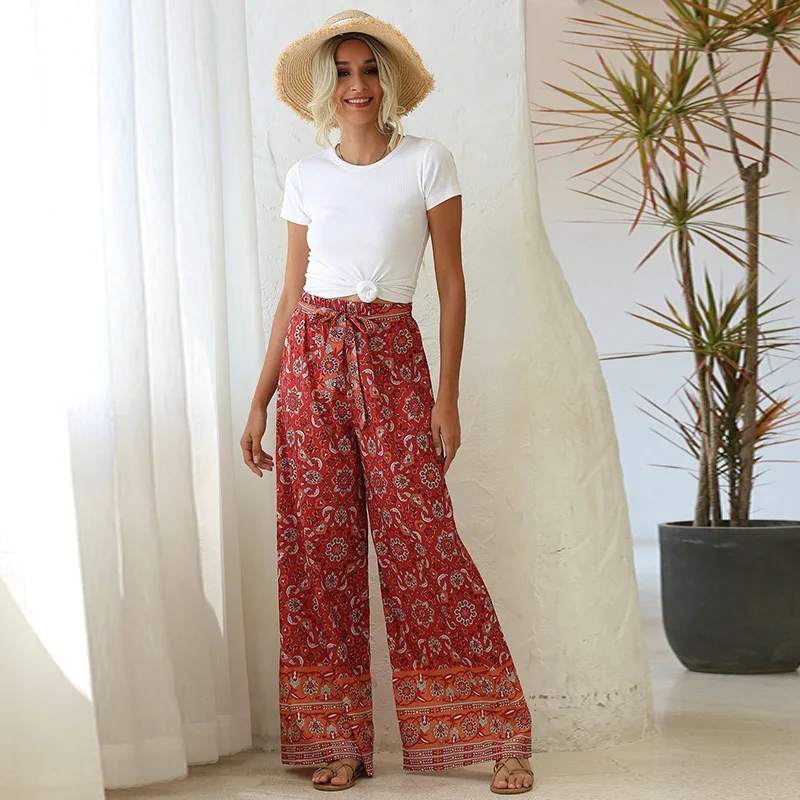 Ladies Summer Floral Print Wide Leg Belt Trousers Ladies Holiday Beach Casual Loose Women's Clothing Vintage Streetwear Trousers