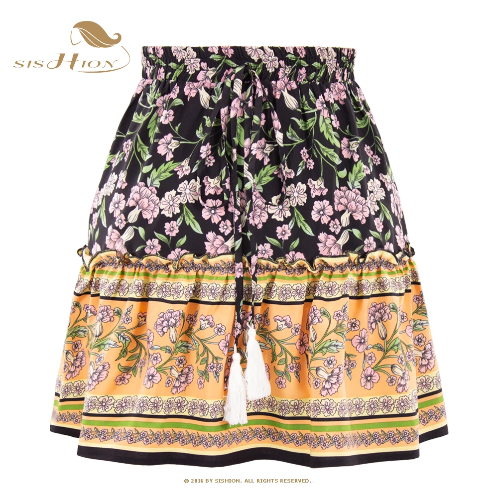 

Elastic Waist Tassel Ethnic Bohemian Skirt VD3209 Women Summer Beach Floral Printed Mini Length Ruffles A Line Short Skirts